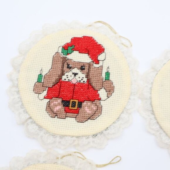 6 Vintage Christmas Ornaments Handmade Cross Stitch Lace Dog Cat Animals Felt - Picture 7 of 11